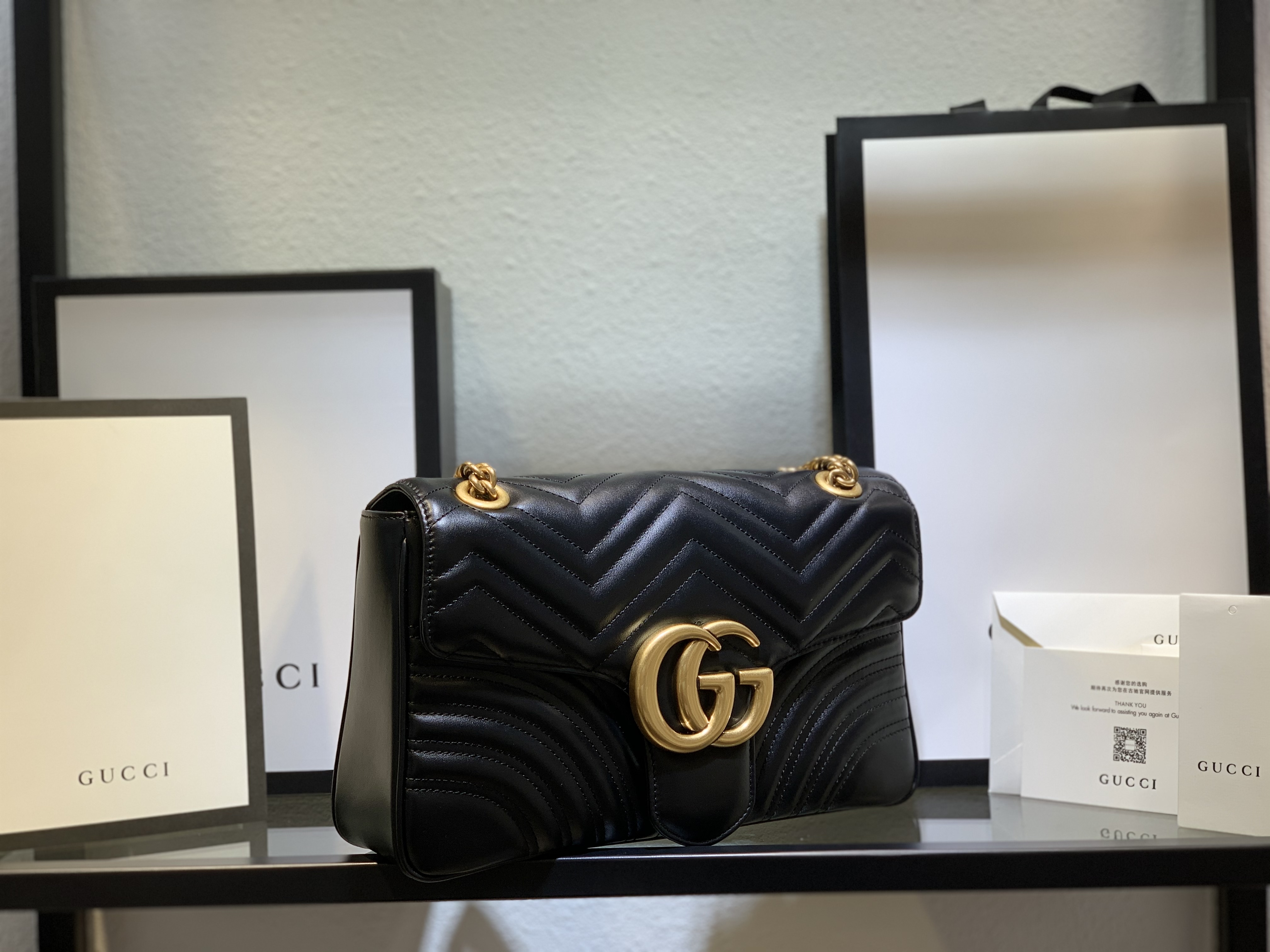 Gucci Black Leather GG Marmont Medium Matelassé Shoulder Bag 443496