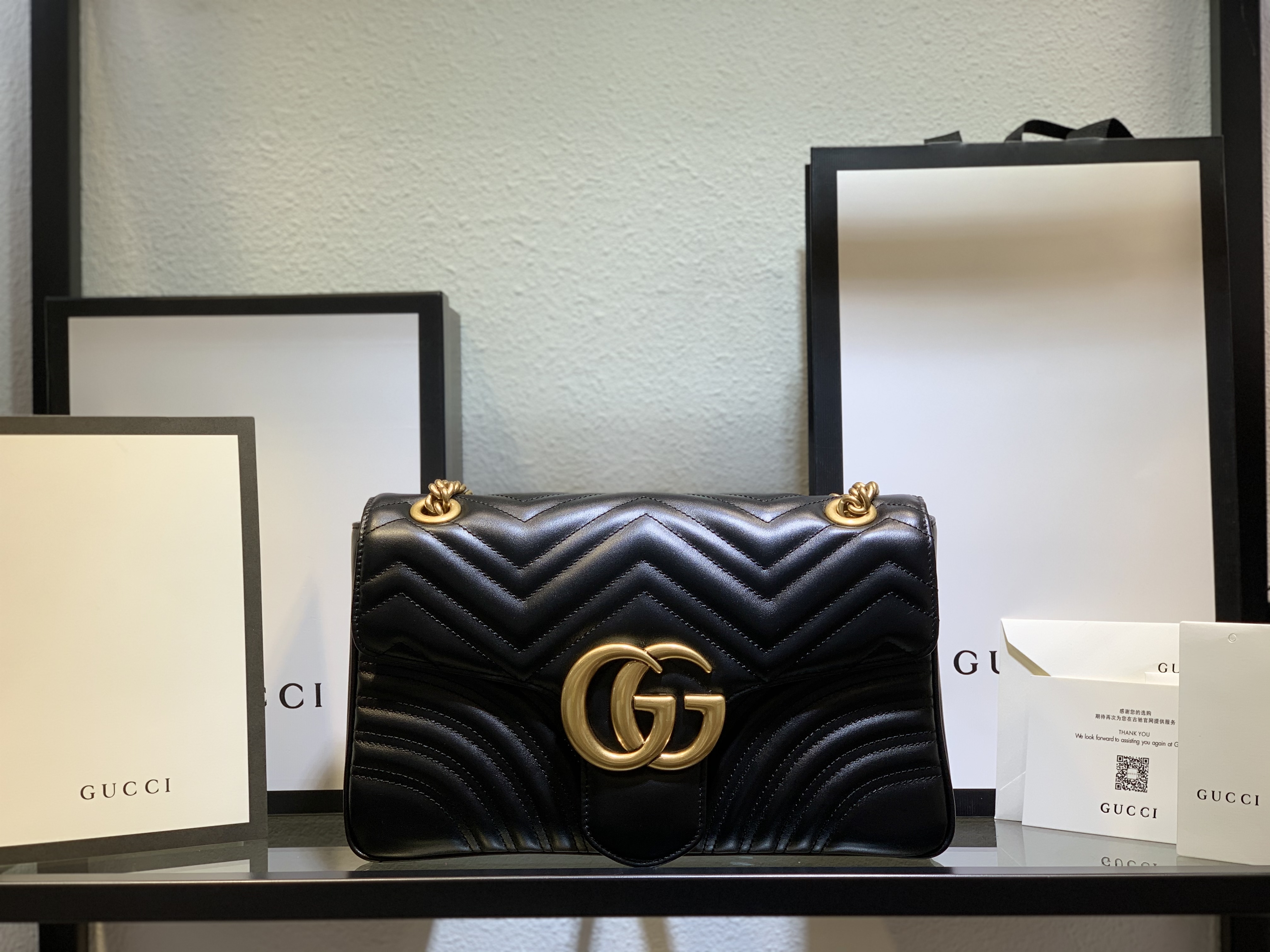 Gucci Black Leather GG Marmont Medium Matelassé Shoulder Bag 443496