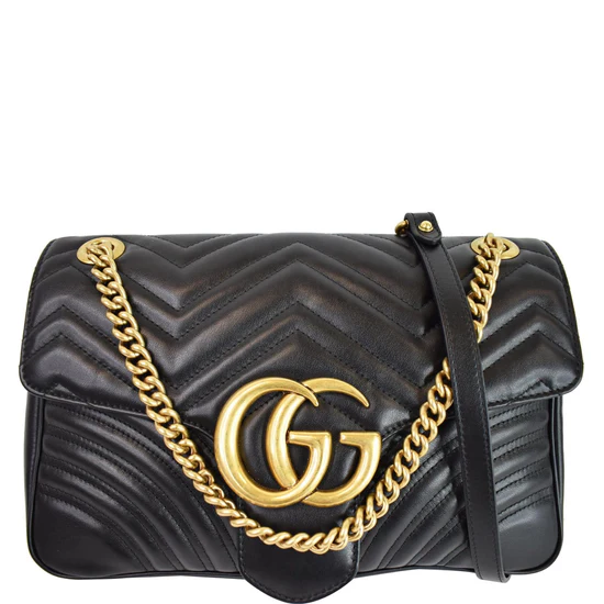 Gucci Black Leather GG Marmont Medium Matelassé Shoulder Bag 443496