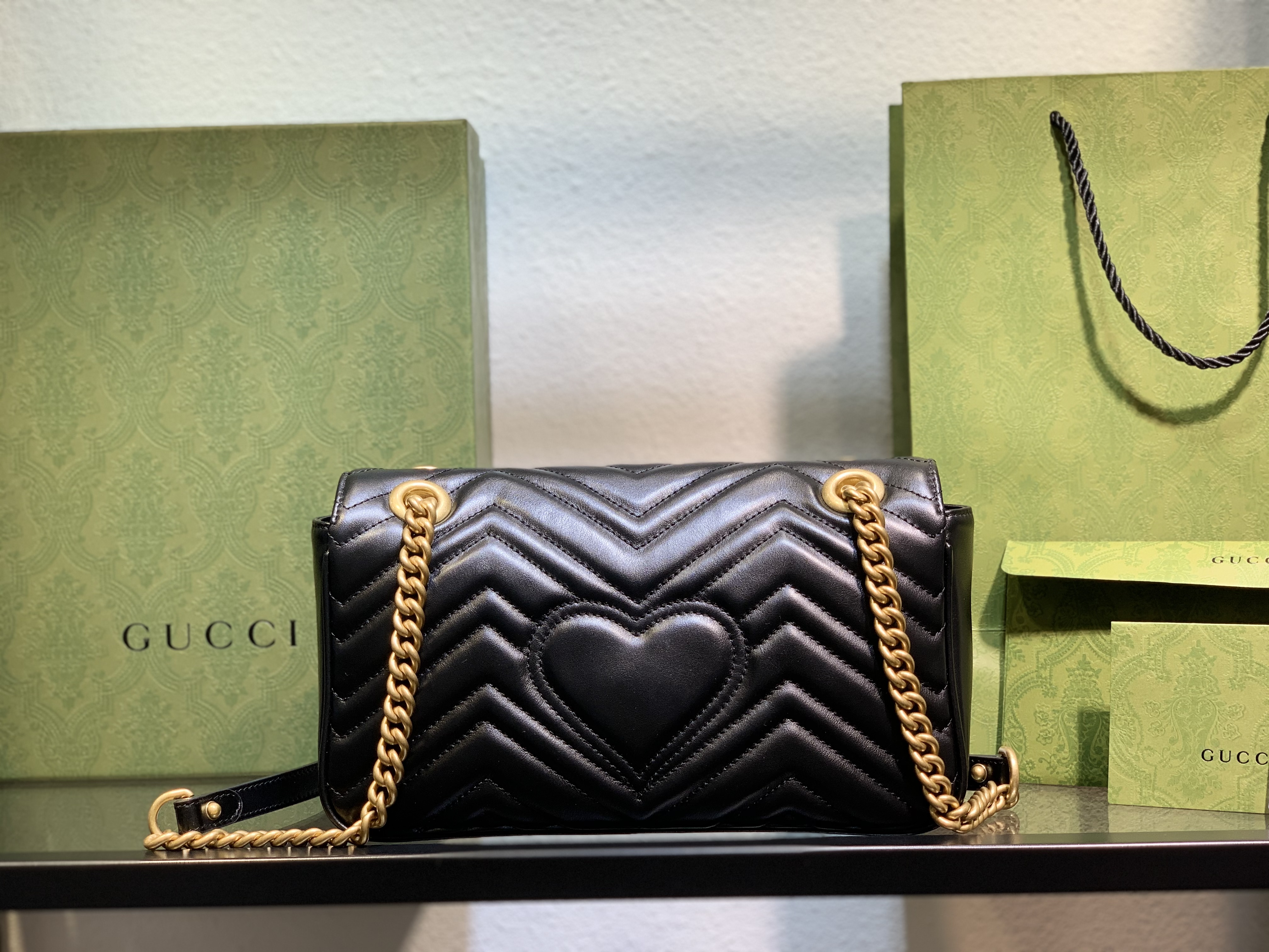 Gucci Black Leather GG Marmont Small Matelassé Shoulder Bag With Heart 443497