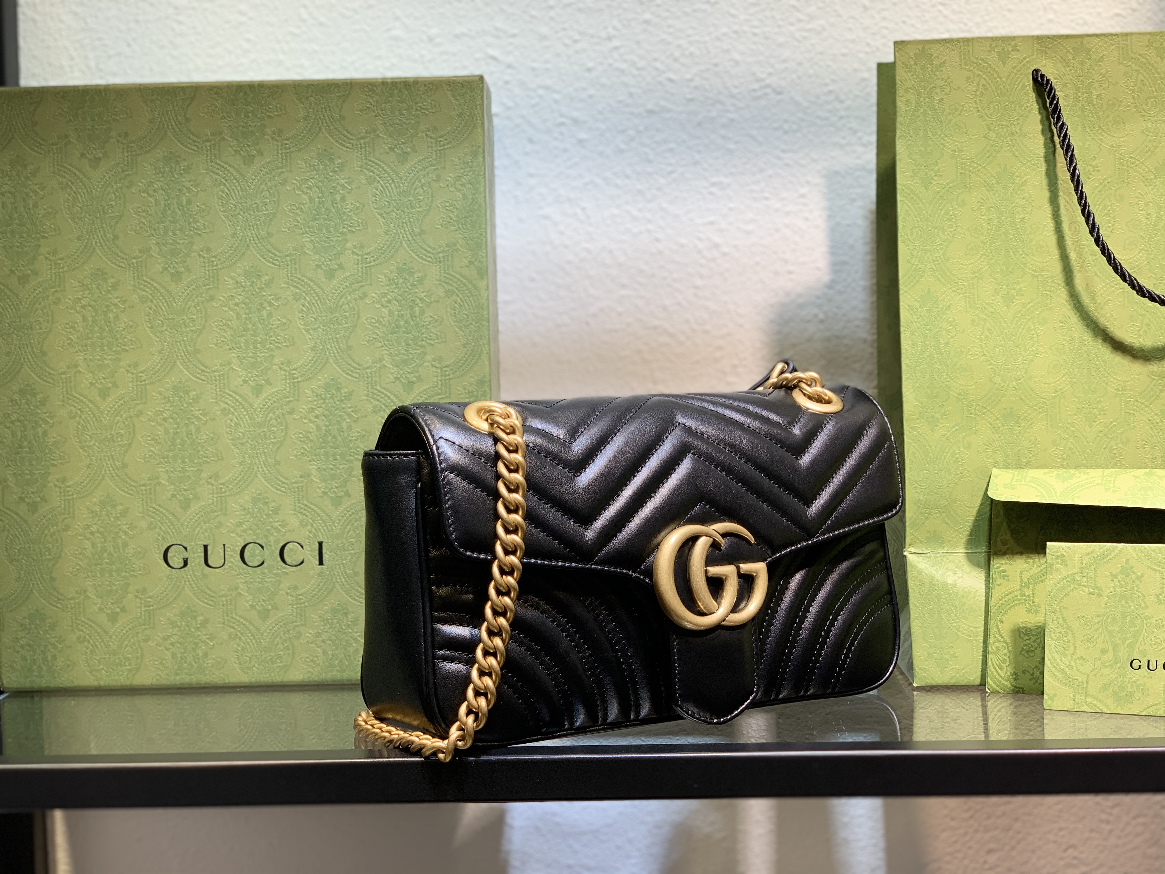 Gucci Black Leather GG Marmont Small Matelassé Shoulder Bag With Heart 443497