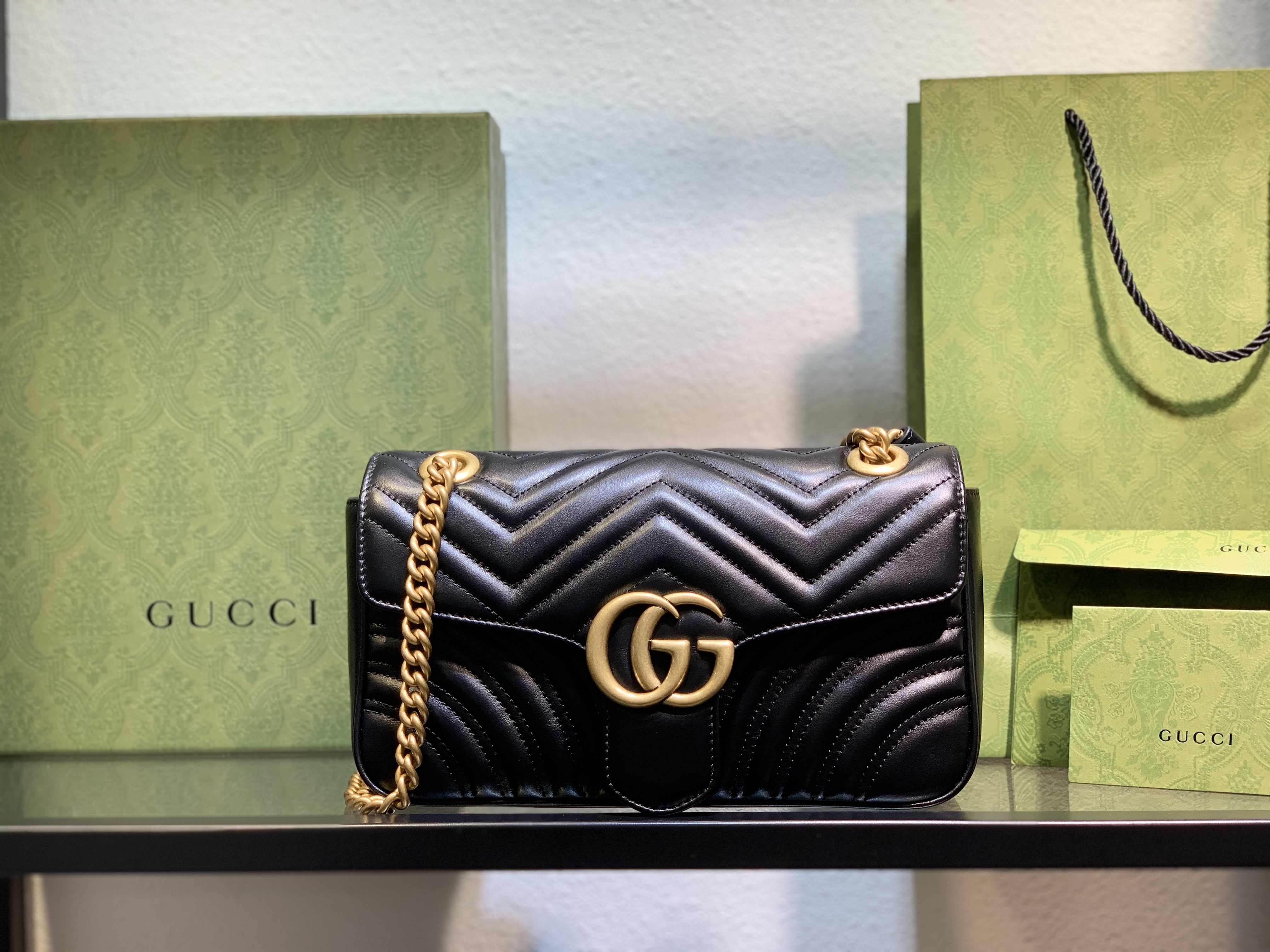 Gucci Black Leather GG Marmont Small Matelassé Shoulder Bag With Heart 443497