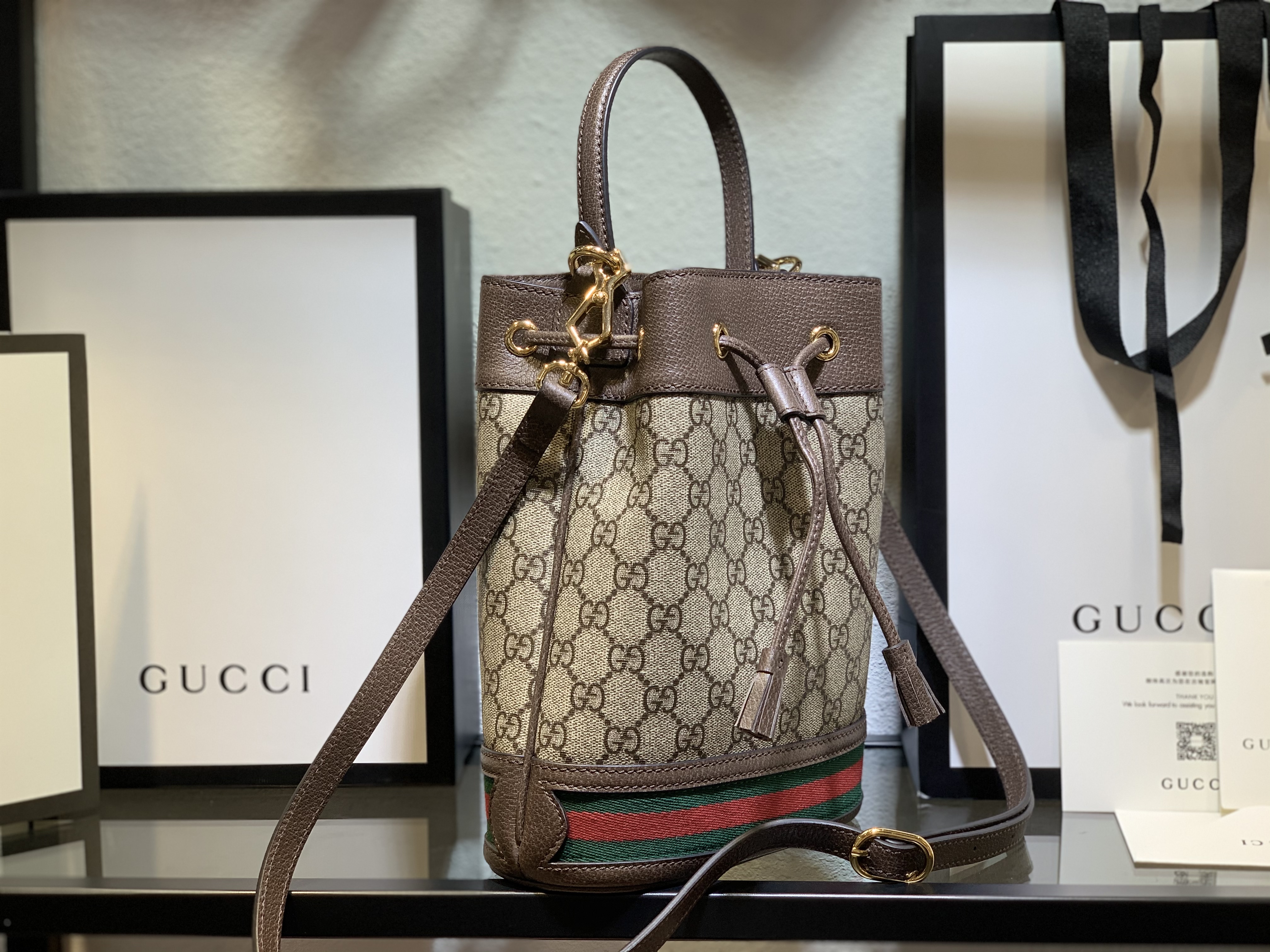 Gucci Beige / Ebony GG Supreme Ophidia Small Bucket Bag 550621